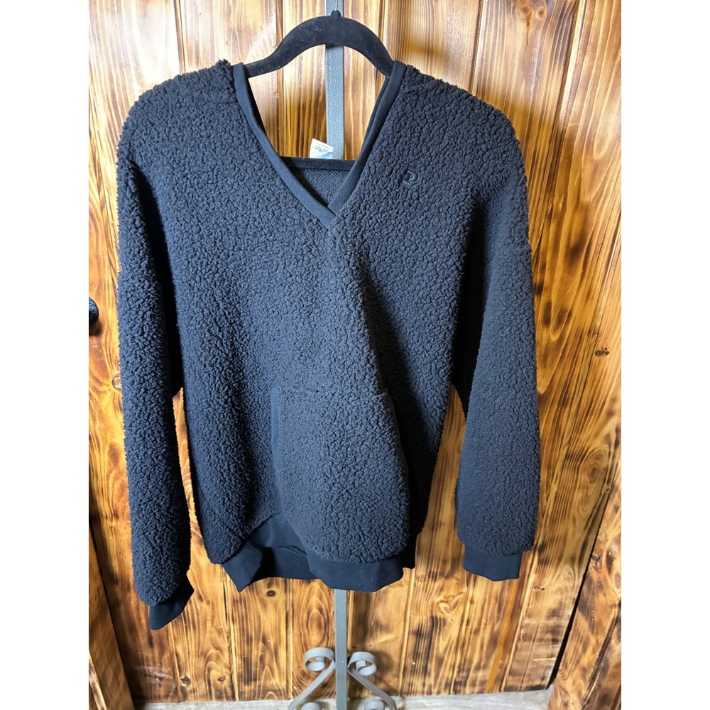 PINK Victoria's Secret Black Sherpa V-Neck Hoodie Pullover Sweatshirt Womens M